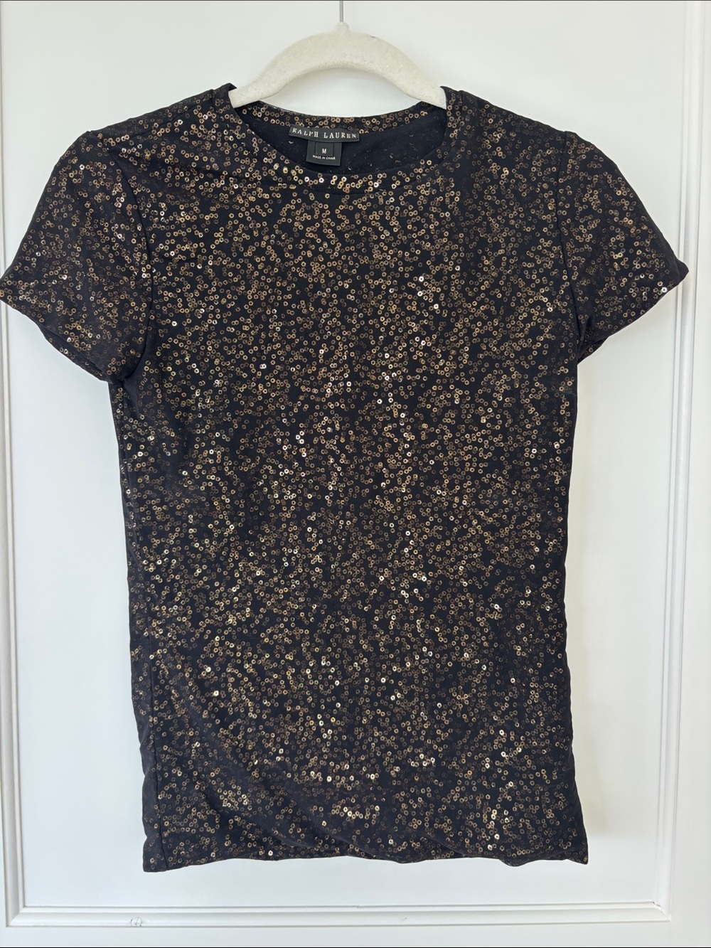 Ralph Lauren Black Label Sequin Top Women's Black Gold Mesh Evening Glam
-M